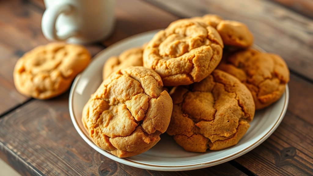 Pumpkin Cookies with Crunchy Crust Recipe A plate of pumpkin cookies with a crunchy crust and soft center, accompanied by a cup of coffee.